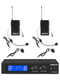 Vonyx WM522B Système sans fil VHF
2 canaux avec 2 x émetteur poche serre-tête et affichage