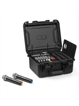 Ensemble mobile table de mixage 6 canaux amplifiée 2 x 600W, 2 x micro main UHF, flight case ABS - VMA106