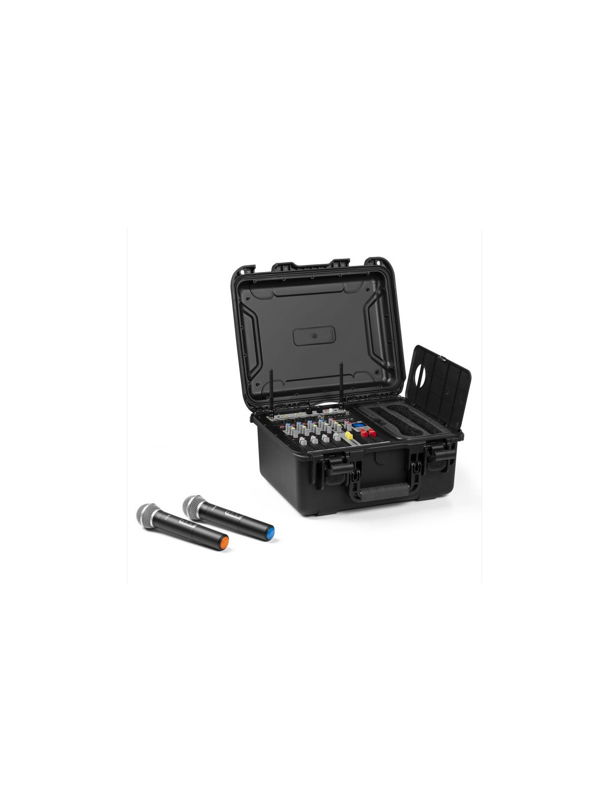 Ensemble mobile table de mixage 6 canaux amplifiée 2 x 600W, 2 x micro main UHF, flight case ABS - VMA106